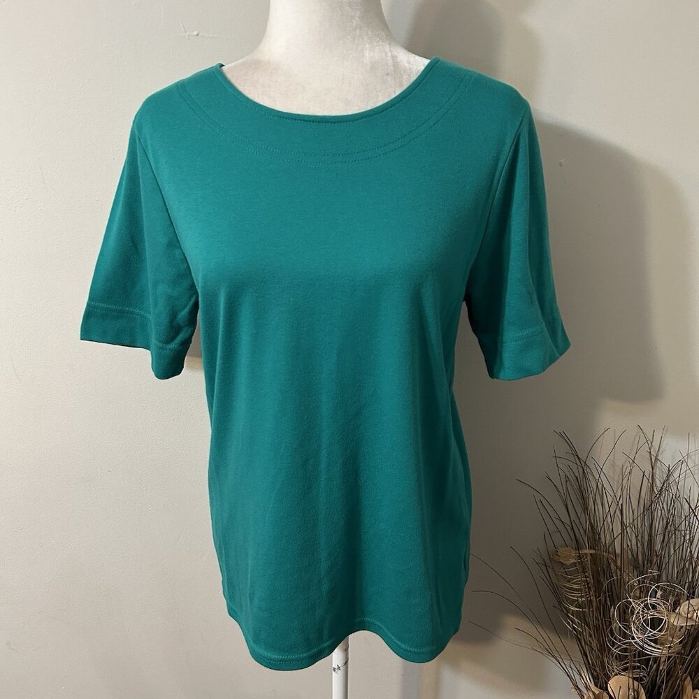 Weekenders Women Green Short Sleeve Top Round Neck Stretch Cotton Blend Sz M